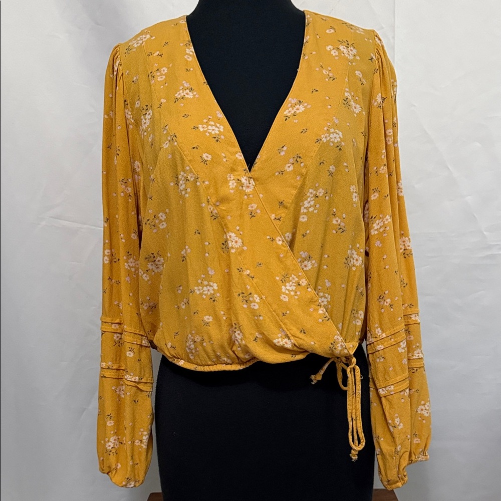 Mustard Yellow Cropped Floral Peasant Style Top